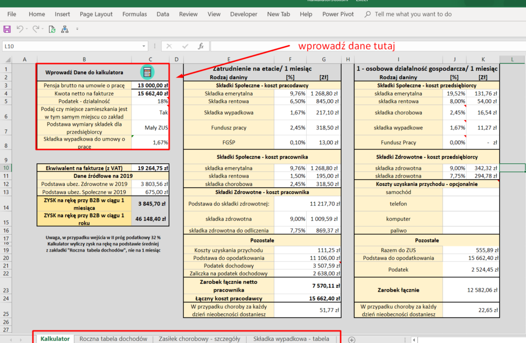 Kalkulator opłacalności przejścia z umowy o pracę na B2B wersja Excel Dookoła Pracy